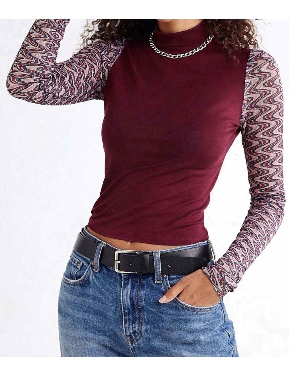 Free People Mesh Lace alone Sleeve Mock Neck Top Size L Burgundy Wavy Pattern
